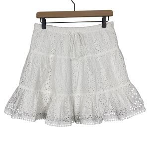 Sabo Skirt Eyelet Tiered Skirt White Large Elastic Waist Drawstring Bohemian